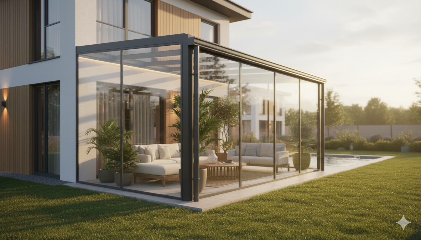 Moderner Wintergarten mit Ganzglas-Verglasung und Aluminium-Rahmen
