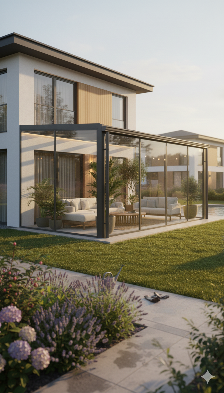 Moderner Wintergarten mit Ganzglas-Verglasung und Aluminium-Rahmen im Sommer